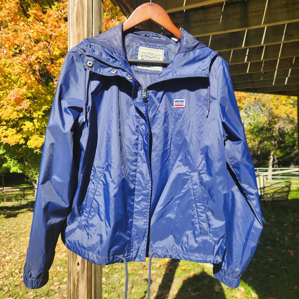 Levi's Retro Rain Slicker Jacket Hoodie Drawstring Snap Button in Blue